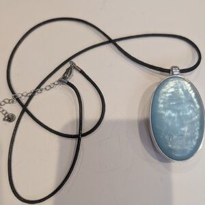 Blue Oval Pendant Necklace on Black Leather Cord